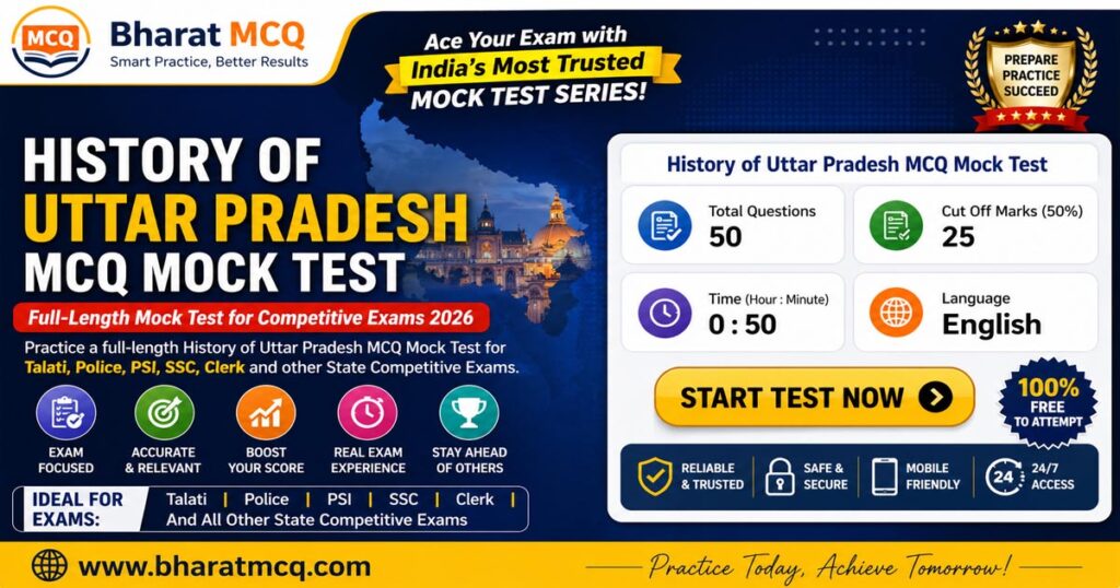 Top 50 History of Uttar Pradesh MCQ Mock Test for Competitive Exams