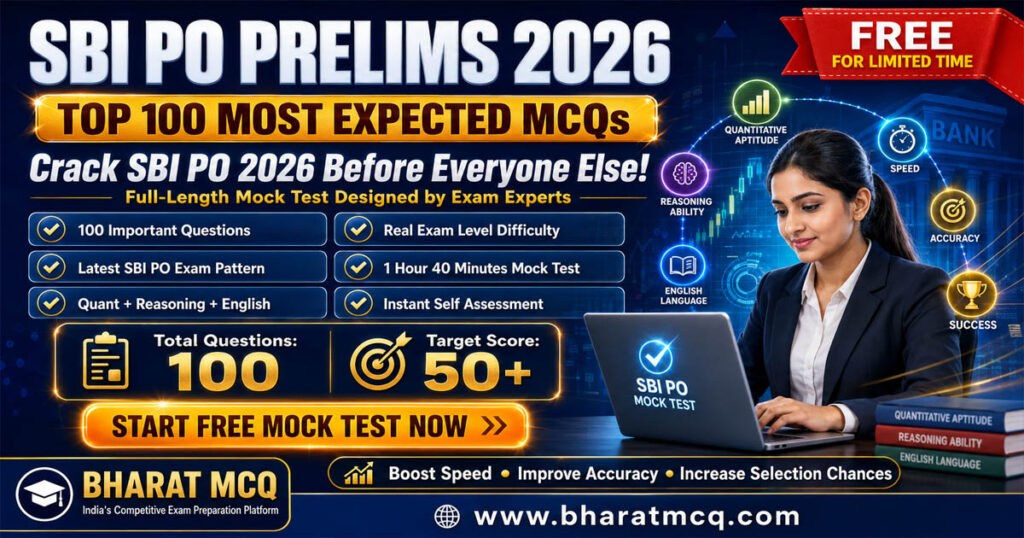 Top 100 MCQs Of SBI PO Prelims 2026 Free Mock Test For Competitive Exams
